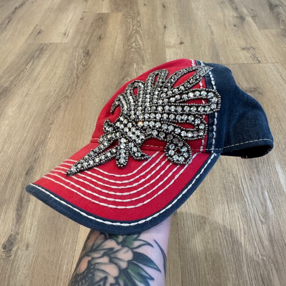 Olive & Pique Rhinestone Fleur-de-Lis Snapback Baseball Cap Hat Red Blue Denim